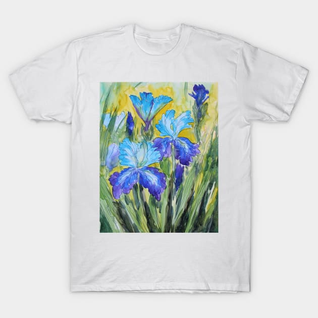 Blue irises Watercolor Painting T-Shirt by SvitlanaProuty